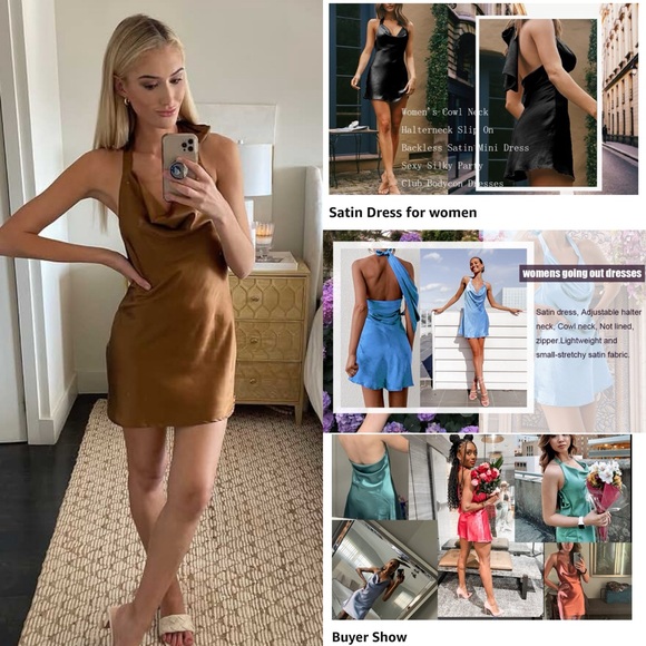 NWT Women's Cowl Neck Halterneck Slip On Backless Satin Mini Dress Sexy Silky XS - Picture 4 of 17